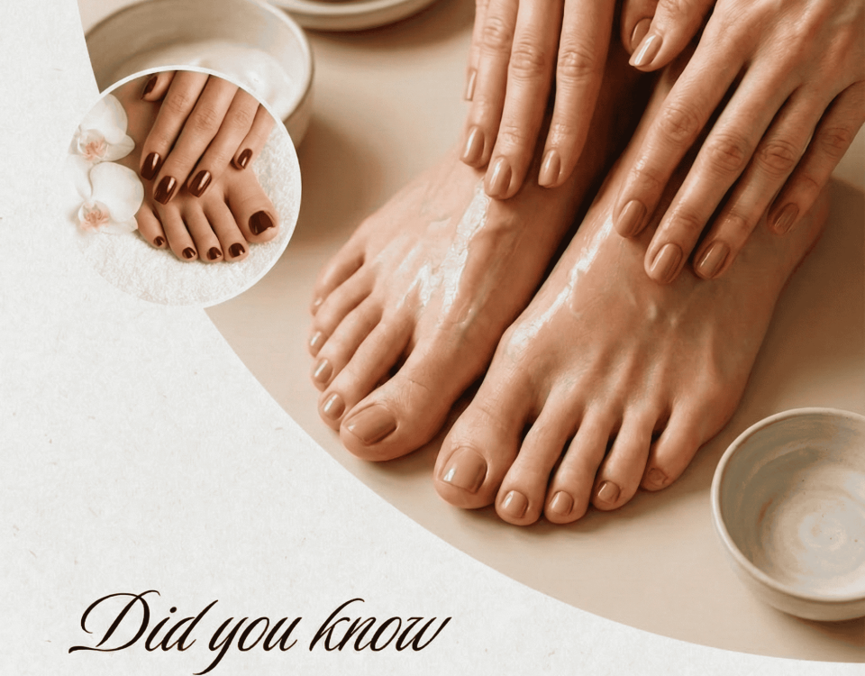 Pair of hands and feet exfoliated with scrub, in a decorative setting with flowers.