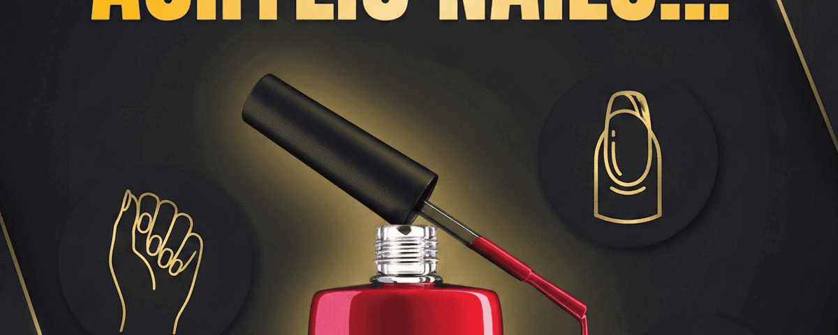 A bottle of red nail polish with brush dripping, with beige silky background.